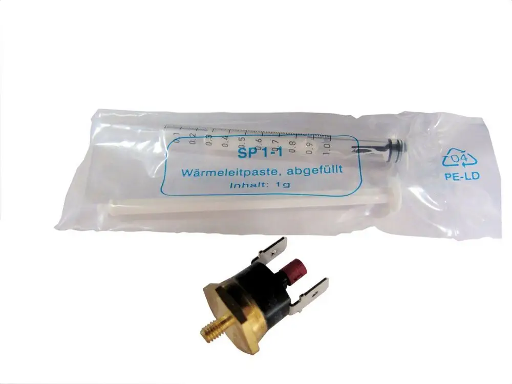 Bosch Sicherheitstemperaturbegrenzer in Kombination mit einer Spritze für Wärmeleitpaste, verpackt in einer transparenten Tüte.